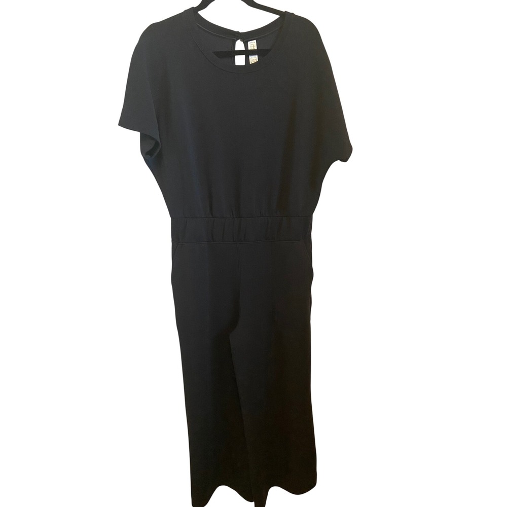 Spanx AirEssentials Short Sleeve Jumpsuit Black Large Petite  4-Way Stretch